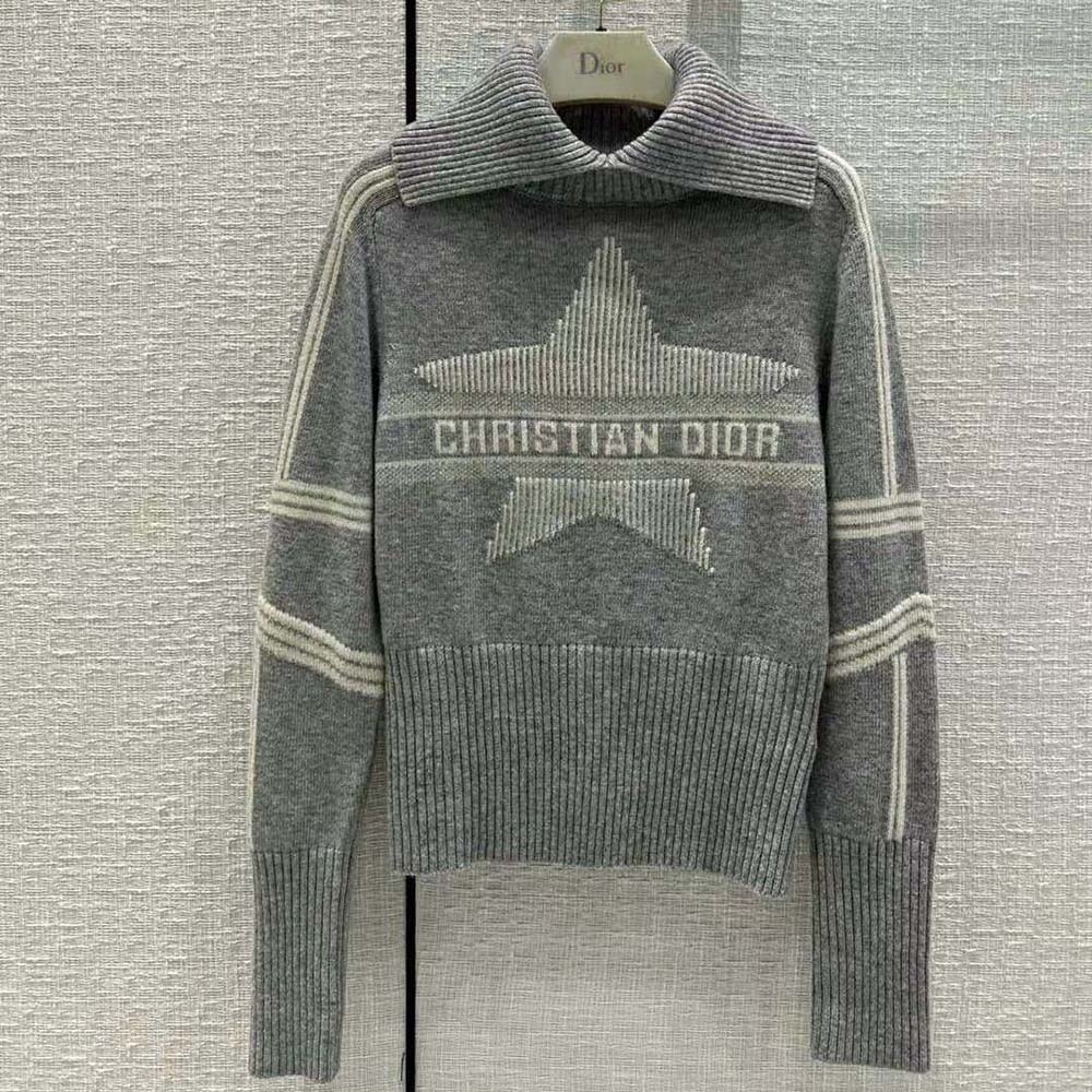 Close-up of Dior Star embroidery on Dioralps stand-collar sweater