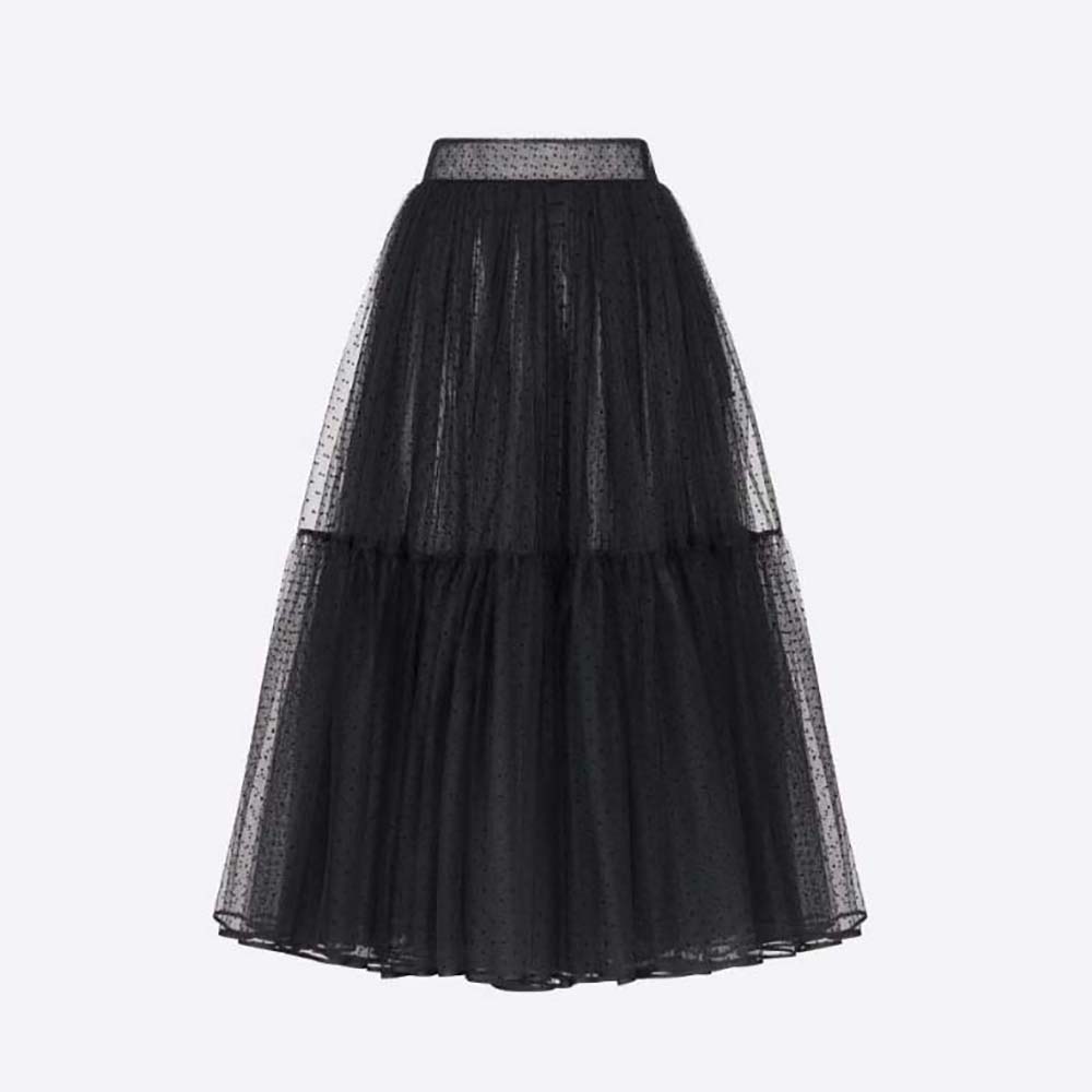 Front view of Dior Women Flared Mid-Length Skirt Black Plumetis Tulle