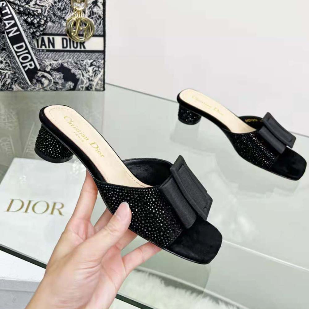 Dior Women Idylle Heeled Slide Black Suede Covered with Strass and Grosgrain - image 6