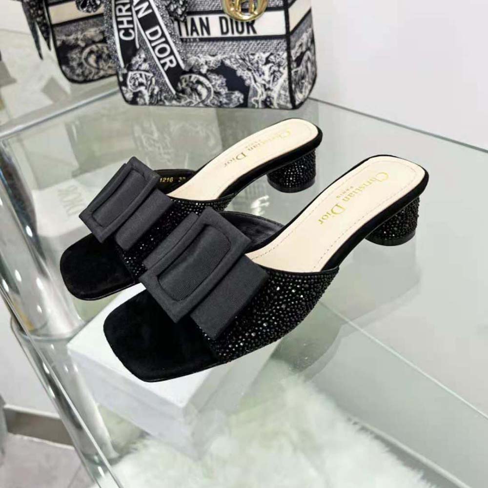 Dior Women Idylle Heeled Slide Black Suede Covered with Strass and Grosgrain - image 5