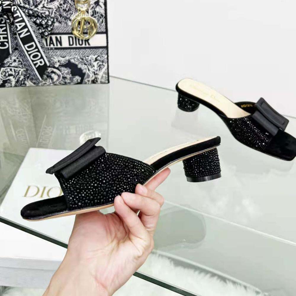 Dior Women Idylle Heeled Slide Black Suede Covered with Strass and Grosgrain - image 7