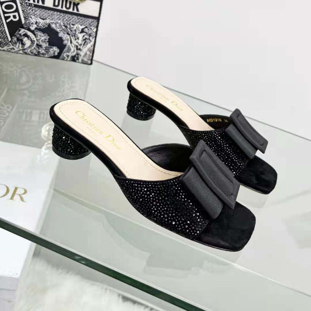 Dior Women Idylle Heeled Slide Black Suede Covered with Strass and Grosgrain - image 4