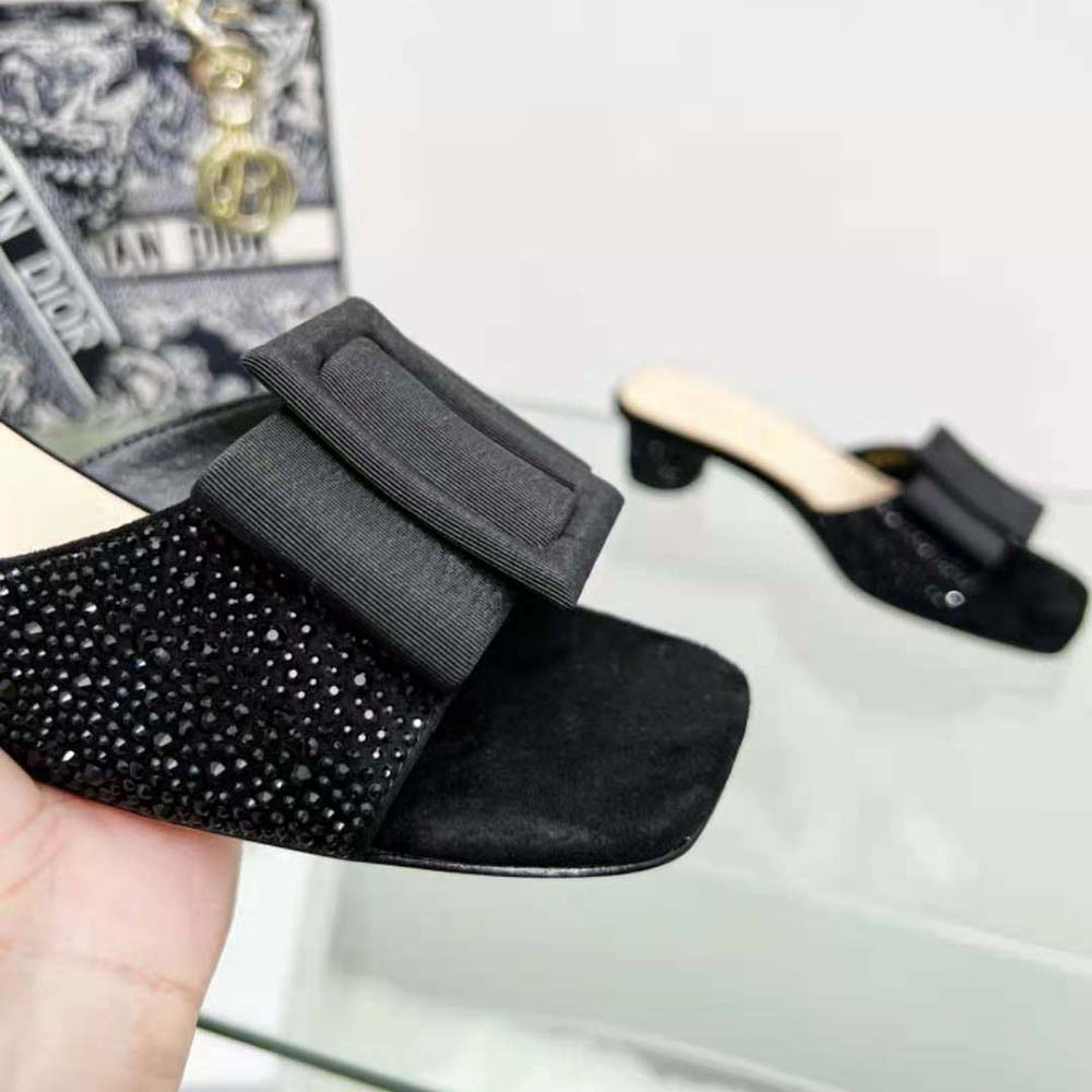 Dior Women Idylle Heeled Slide Black Suede Covered with Strass and Grosgrain - image 8