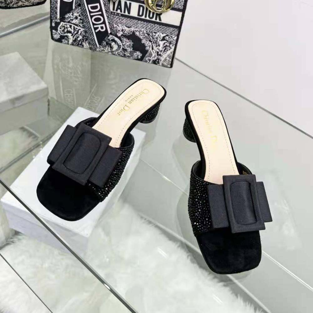 Rear angle showing heel height of Dior Women Idylle Heeled Slide black suede