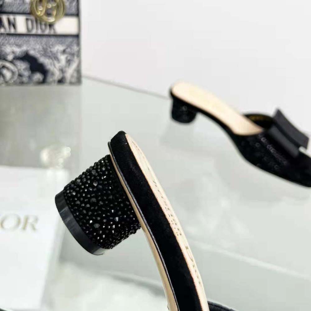 Dior Women Idylle Heeled Slide Black Suede Covered with Strass and Grosgrain - image 9