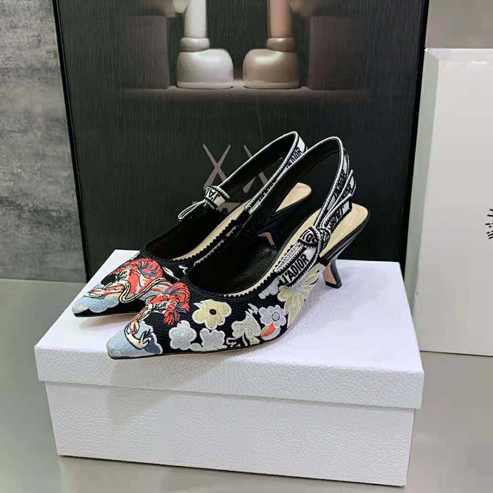 Dior Women J’adior Slingback Pump Black Multicolor Embroidered Cotton with Toile de Jouy Pop Motif - image 4
