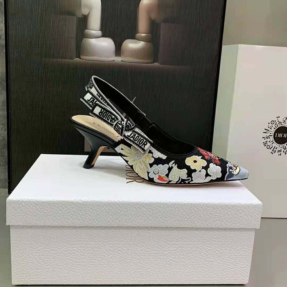 Dior Women J’adior Slingback Pump Black Multicolor Embroidered Cotton with Toile de Jouy Pop Motif - image 5