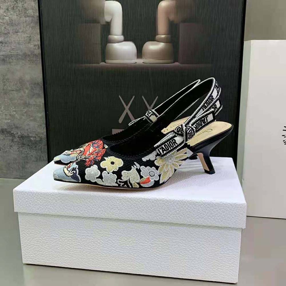 Dior Women J’adior Slingback Pump Black Multicolor Embroidered Cotton with Toile de Jouy Pop Motif - image 6