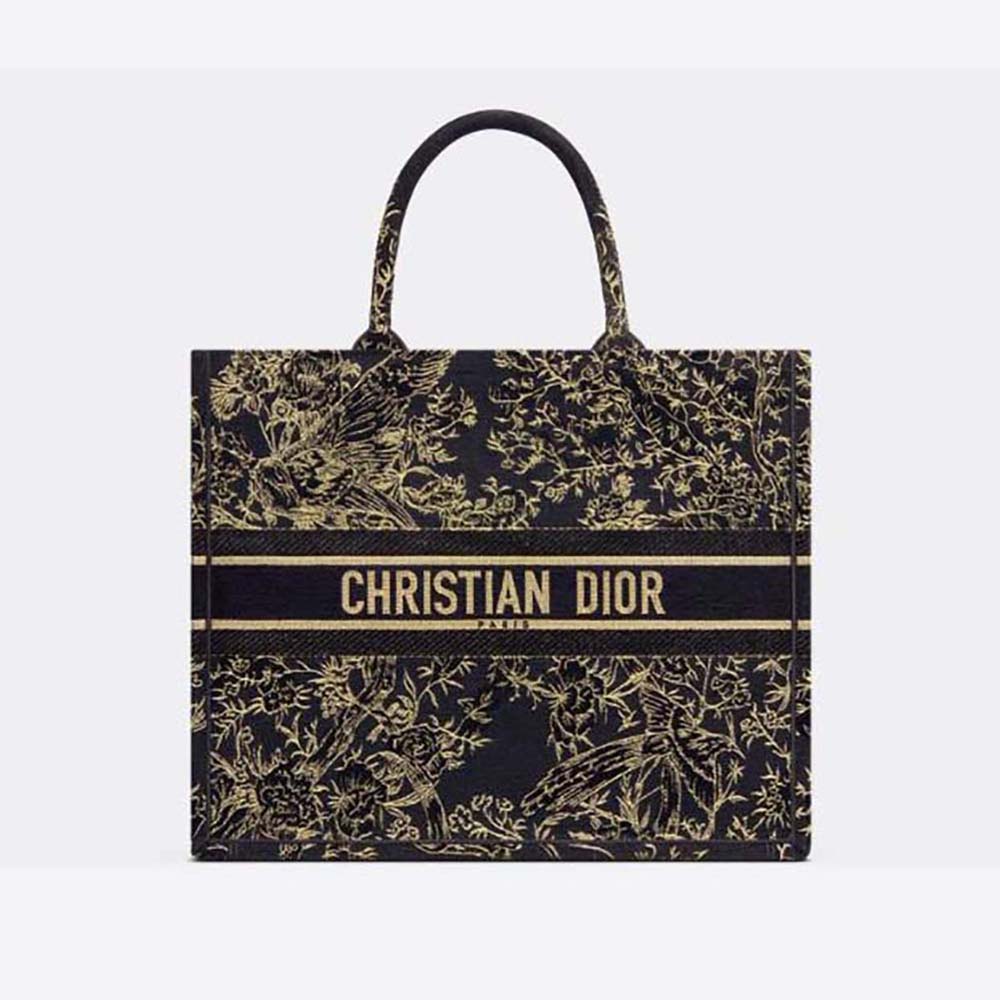 Front view of Dior Women Large Dior Book Tote Black with Jardin D’Hiver embroidery