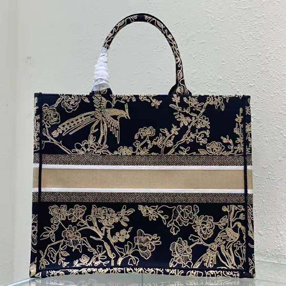 Side angle showing spacious silhouette of Dior Women Large Dior Book Tote Black Jardin D’Hiver