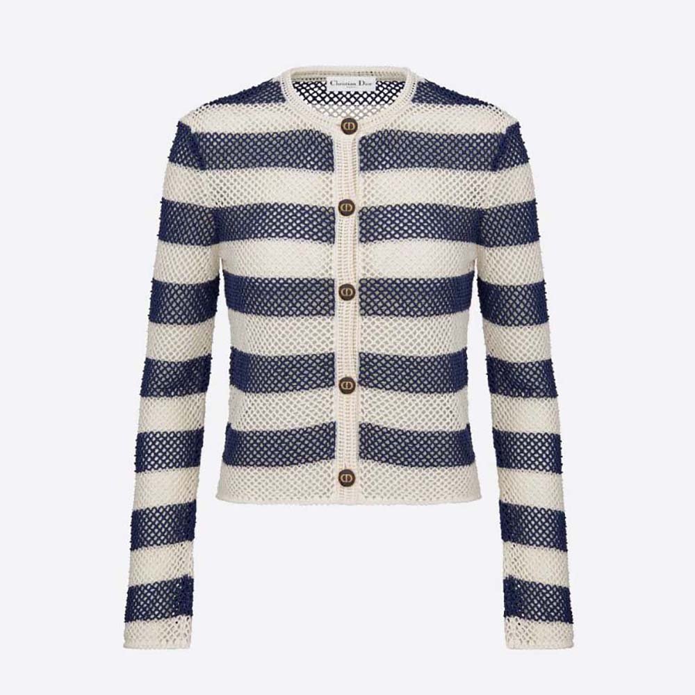 Front view of Dior Women Marinière Cardigan Navy Blue and White Openwork Cotton Knit
