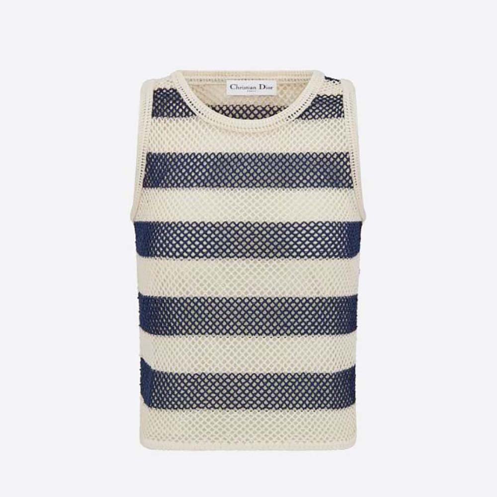 Front view of Dior Women Marinière Cardigan Top navy blue white knit