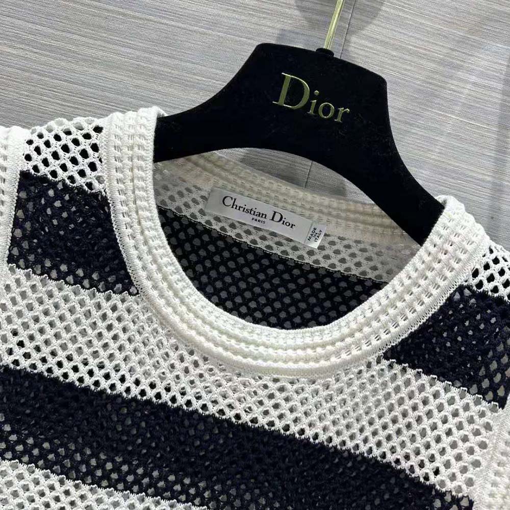Dior Women Marinière Cardigan Top Navy Blue and White Openwork Cotton Knit - image 5