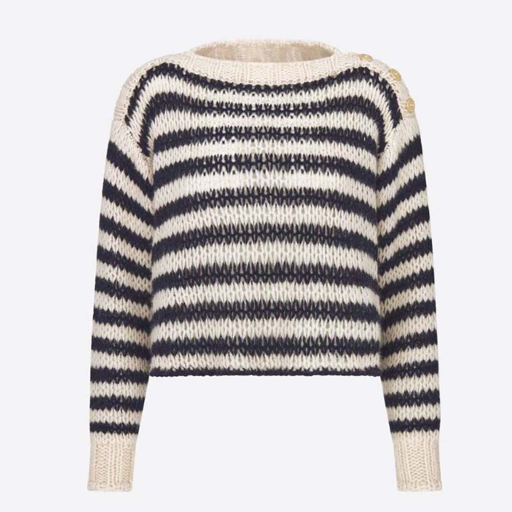 Front view of Dior Women Marinière Sweater Navy Blue and Ecru Wool Cashmere and Silk Knit