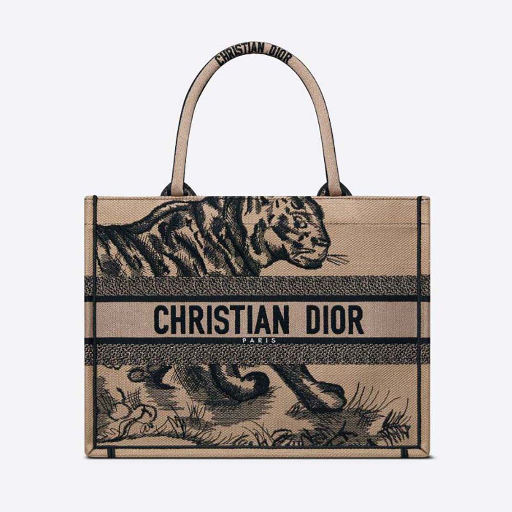 Front view of Dior Women Medium Dior Book Tote Brown and Black Tiger Embroidery