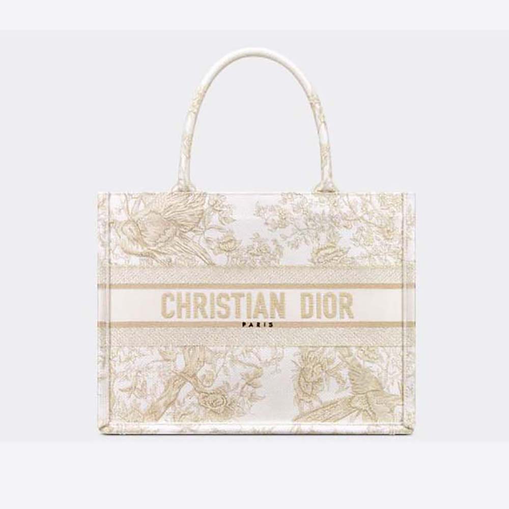 Front view of Dior Women Medium Dior Book Tote with gold embroidery