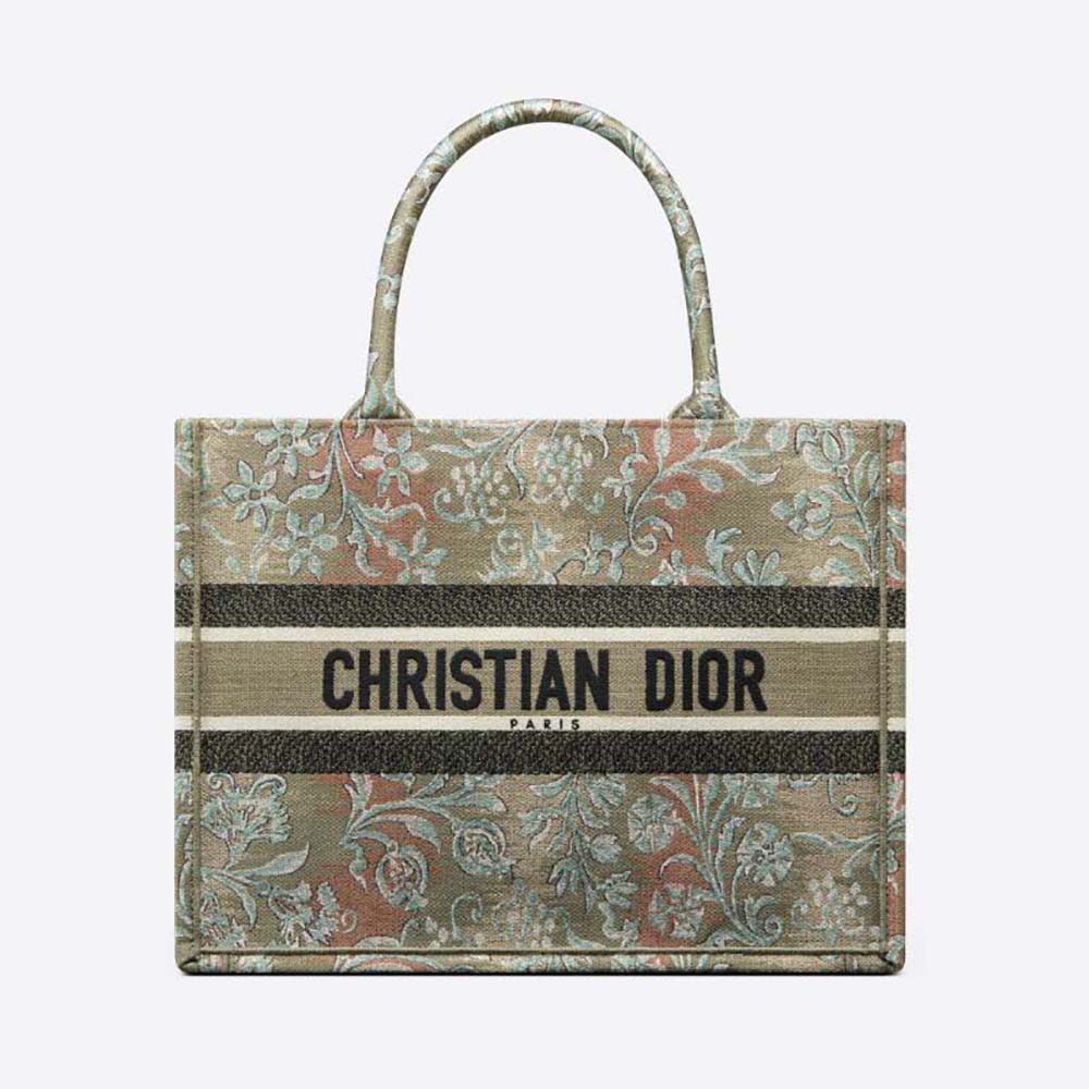 Front view of Dior Women Medium Dior Book Tote Metallic Green Dior Brocart Embroidery