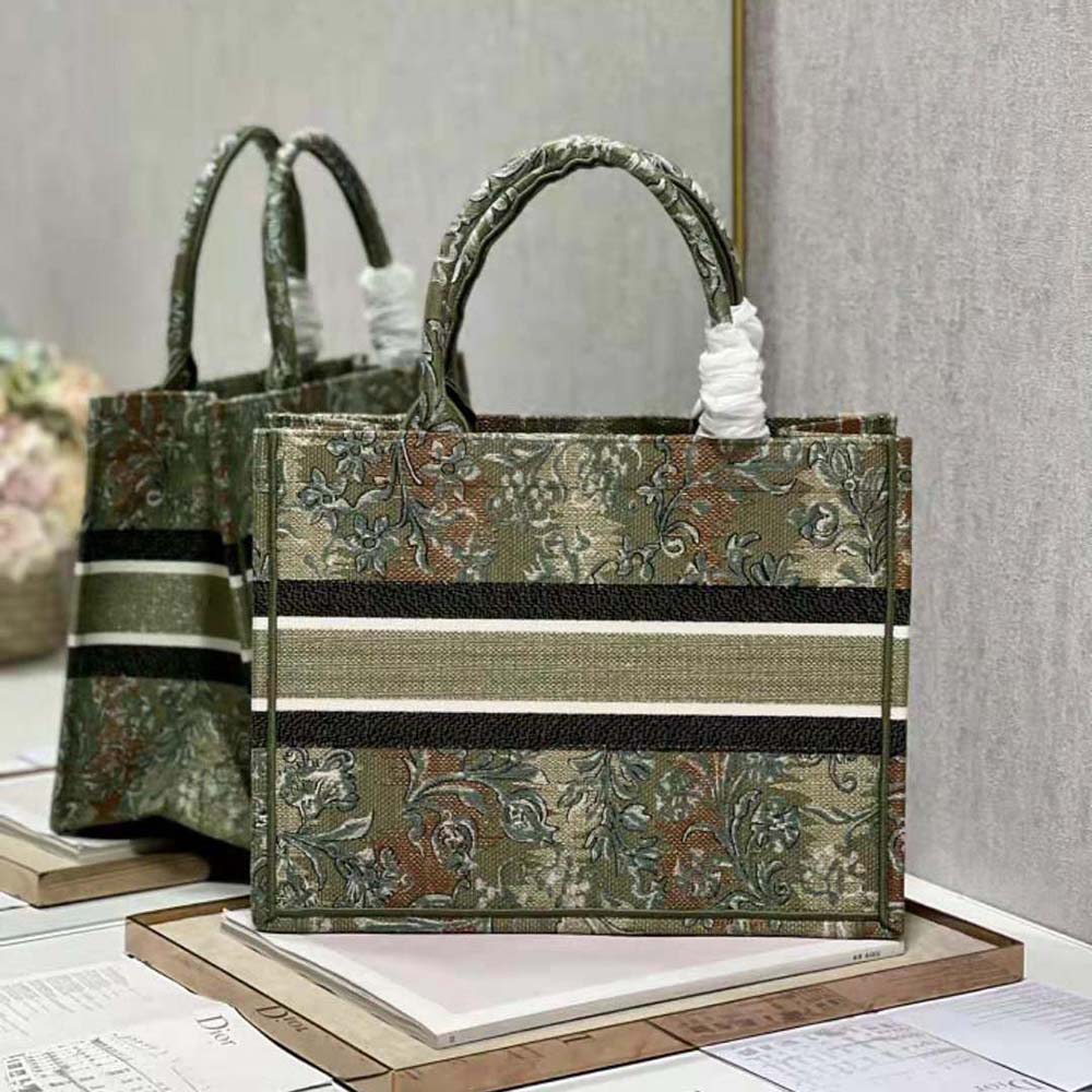 Side angle showing silver-tone hardware on Dior Women Medium Dior Book Tote