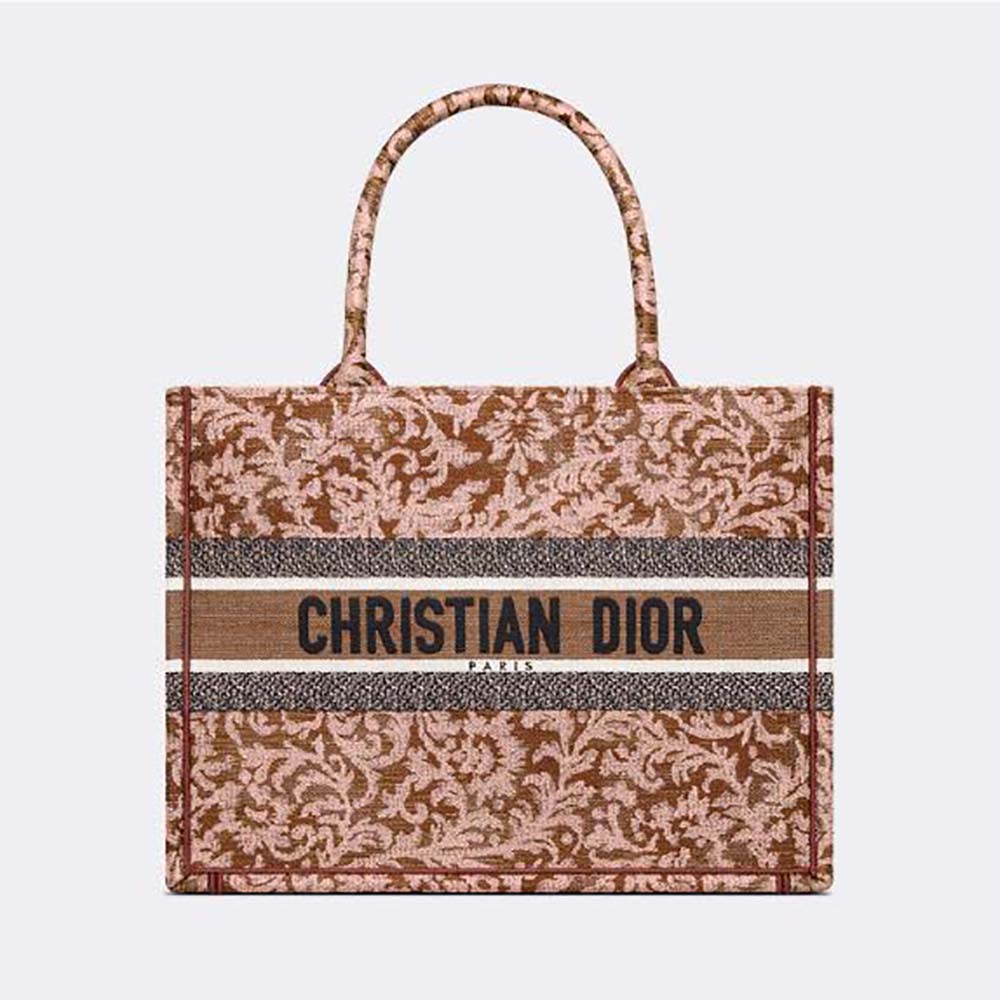 Front view of Dior Women Medium Dior Book Tote Metallic Pink Dior Brocart Embroidery