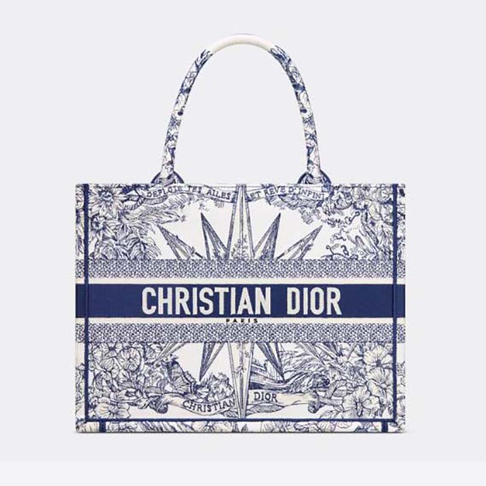 Front view of Dior Women Medium Dior Book Tote White and Blue Rêve D’Infini Embroidery