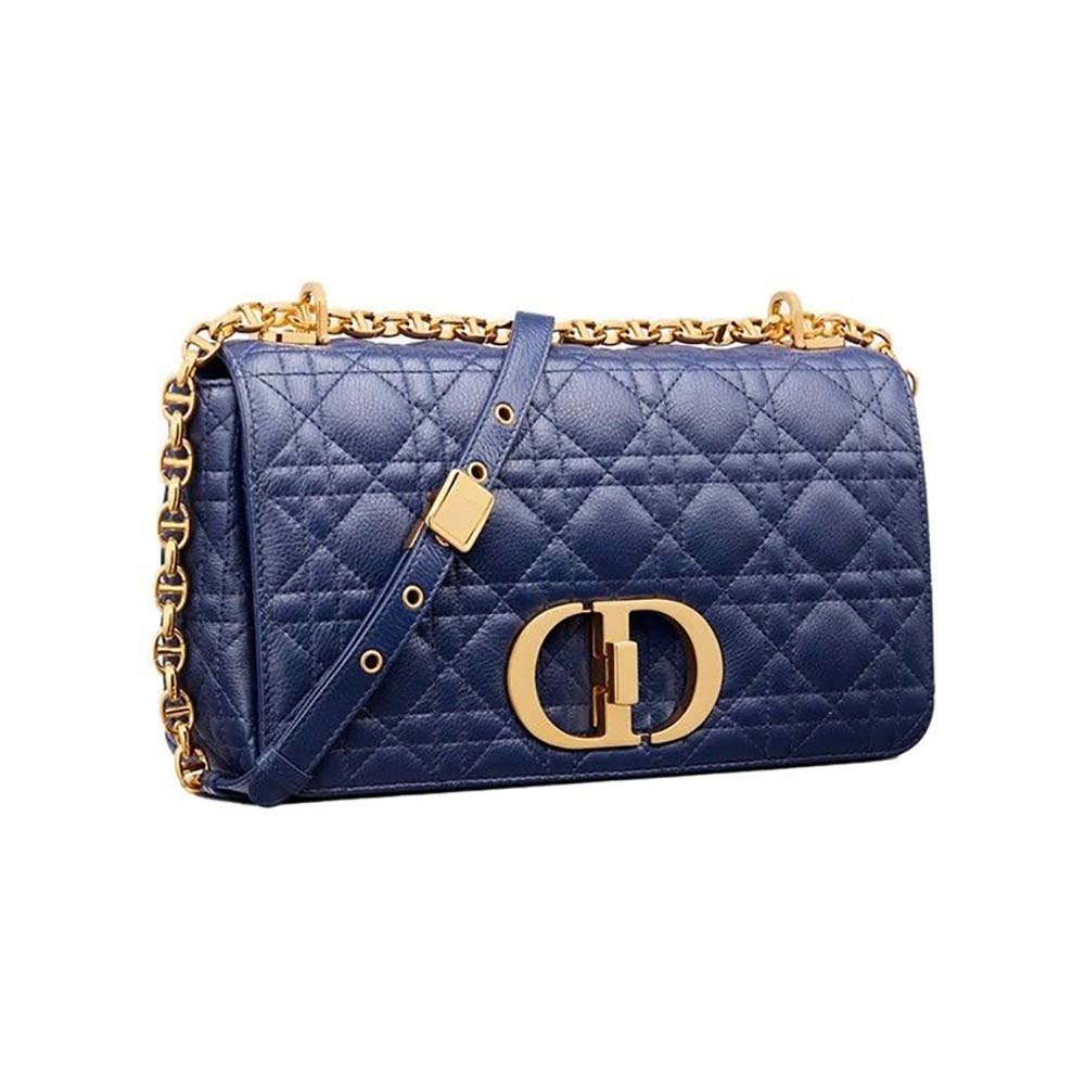 Close-up of silver ‘CD’ hardware on Dior Women Medium Dior Caro Bag Royal Blue