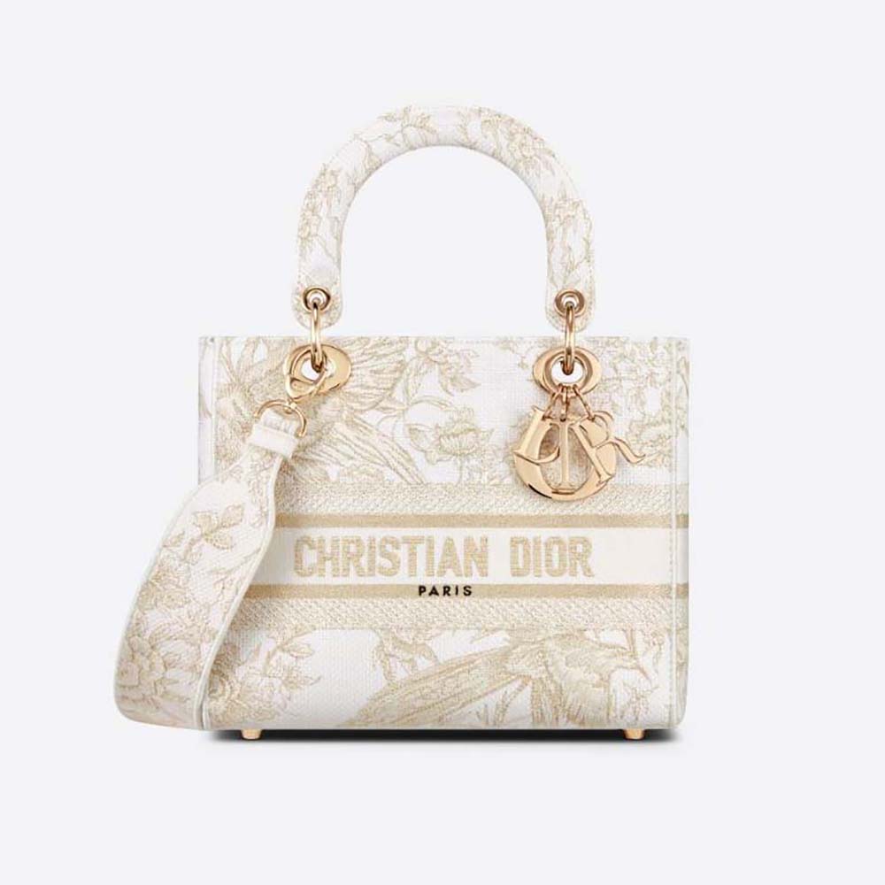 Front view of Dior Women Medium Lady D-lite Bag Dior Jardin D’Hiver Embroidery beige