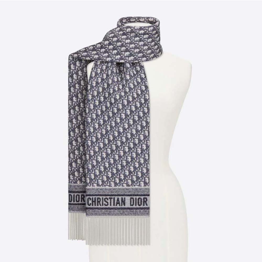 Front view of Dior Women Oblique Scarf Navy Blue Cashmere draped