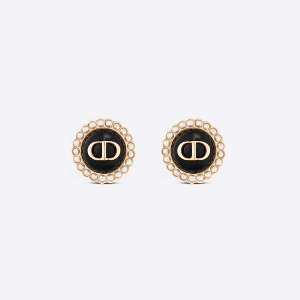 Front view of Dior Women Petit CD Studs Earrings Gold-Finish Metal and White Resin Pearls with Black Glass