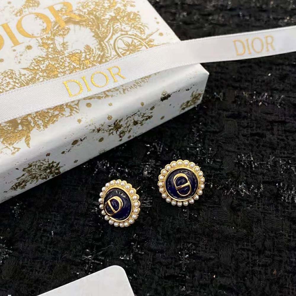Dior Women Petit CD Studs Earrings Gold-Finish Metal and White Resin Pearls with Black Glass - image 5