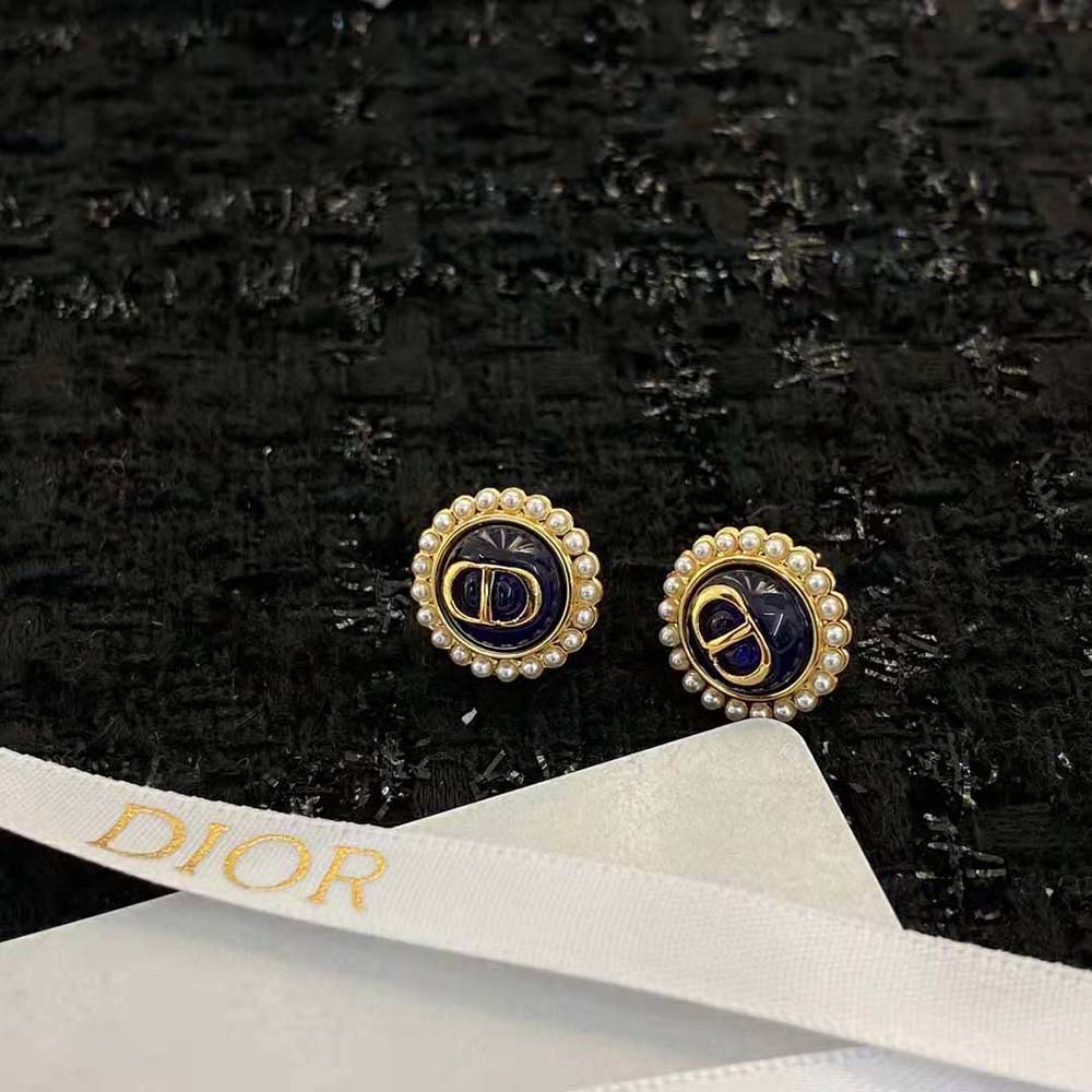 Dior Women Petit CD Studs Earrings Gold-Finish Metal and White Resin Pearls with Black Glass - image 4