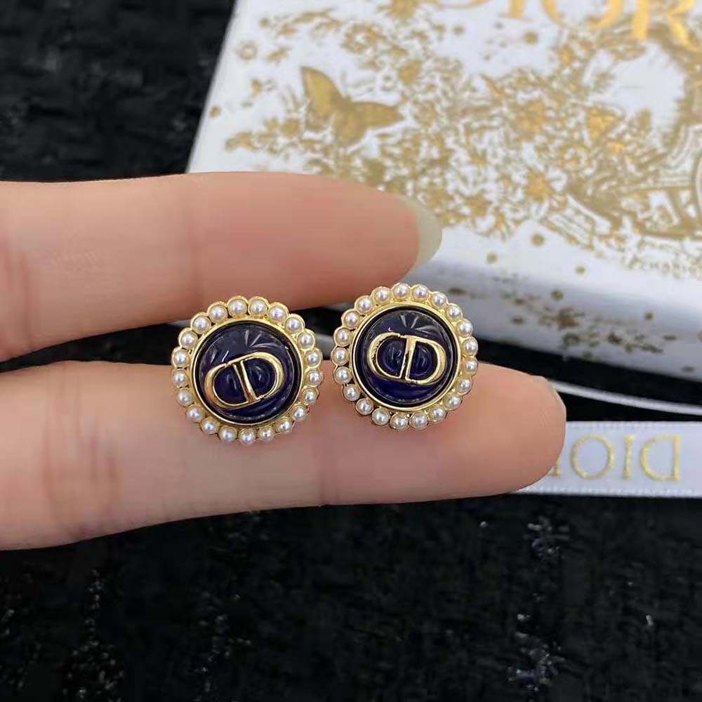 Dior Women Petit CD Studs Earrings Gold-Finish Metal and White Resin Pearls with Black Glass - image 6