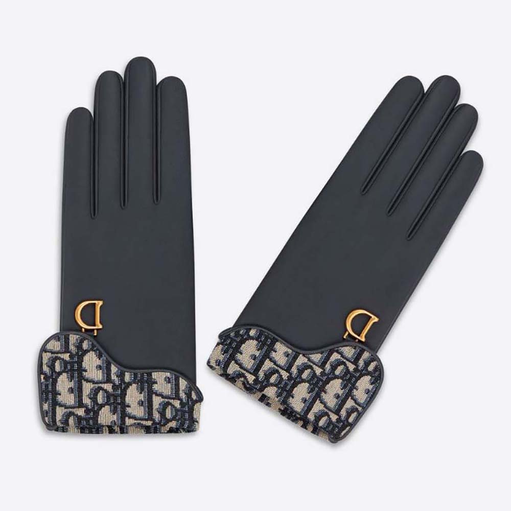 Front view of Dior Women Saddle Gloves Navy Blue Smooth Lambskin