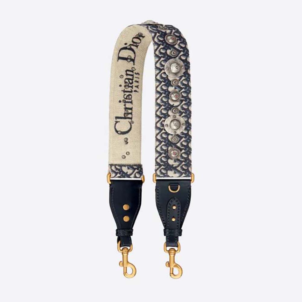 Close-up of Dior Women Shoulder Strap with Ring Blue Dior Oblique Embroidery showing silver ring detail
