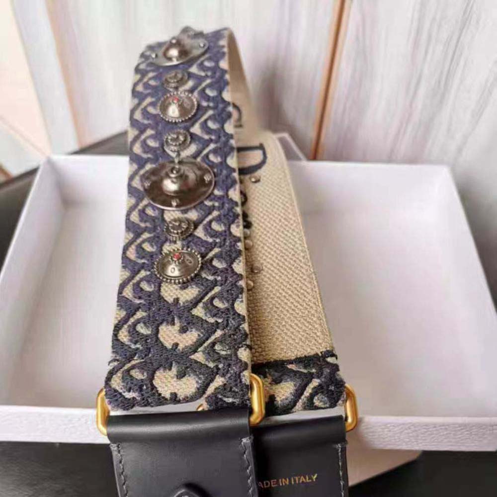 Side angle of Dior Women Shoulder Strap with Ring Blue Dior Oblique Embroidery highlighting blue embroidery