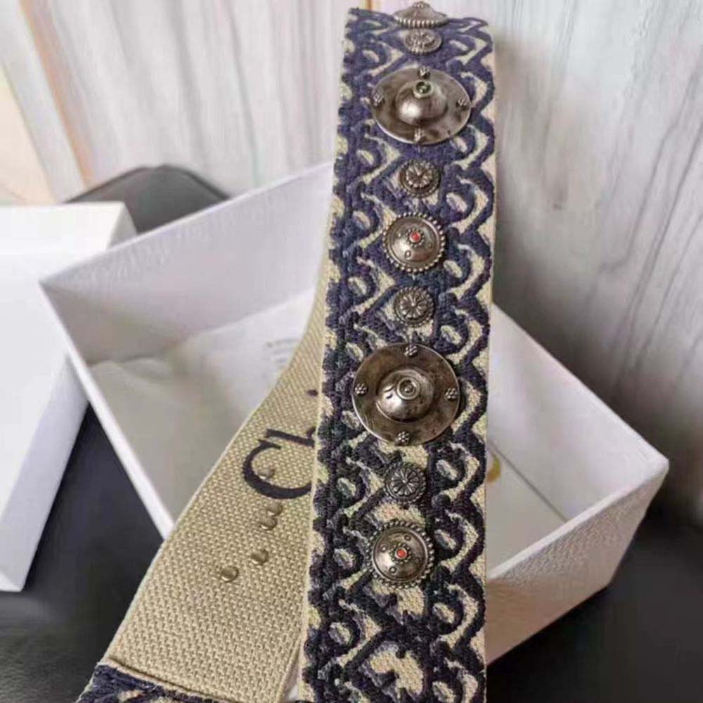 Dior Women Shoulder Strap with Ring Blue Dior Oblique Embroidery attached to handbag in natural light