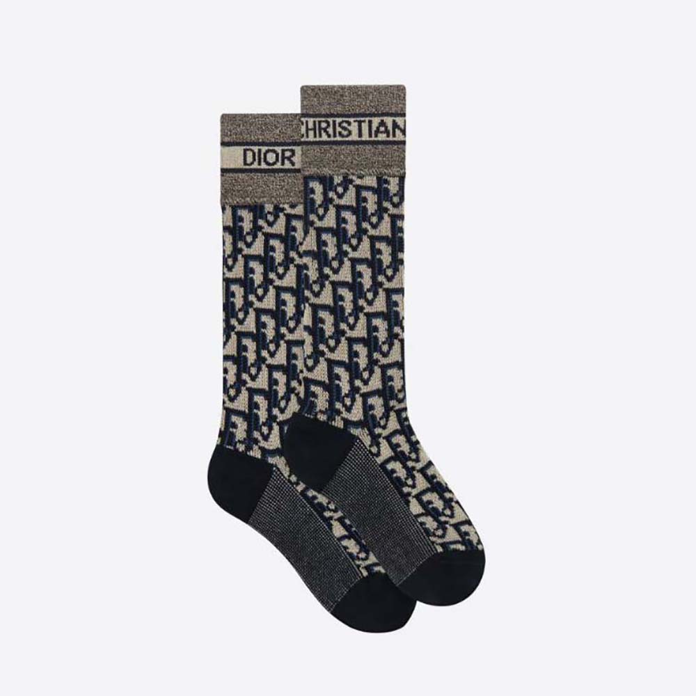 Close-up of Dior Women Socks Blue and Ecru Dior Oblique pattern texture