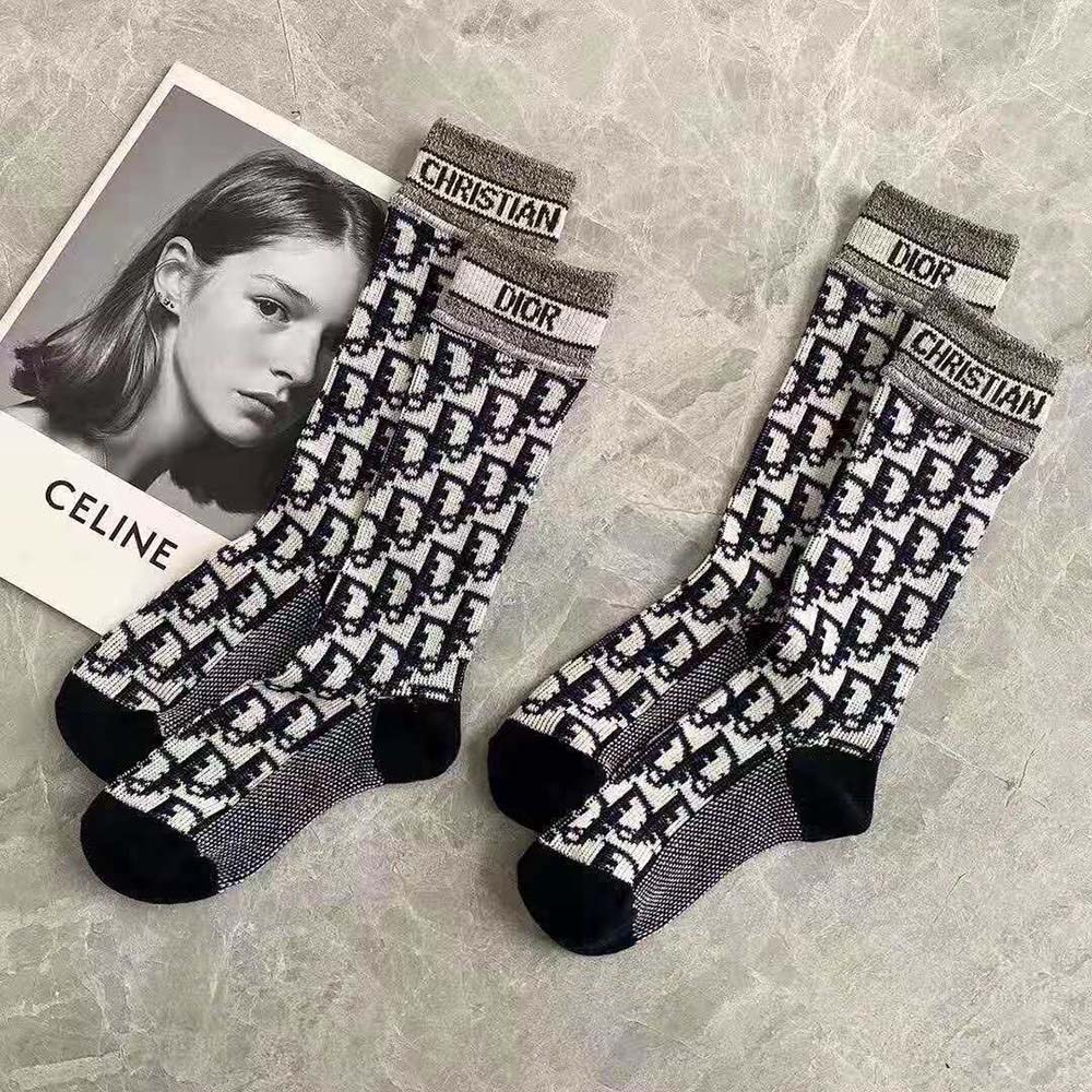 Detail shot showing Dior logo on Dior Women Socks Blue and Ecru