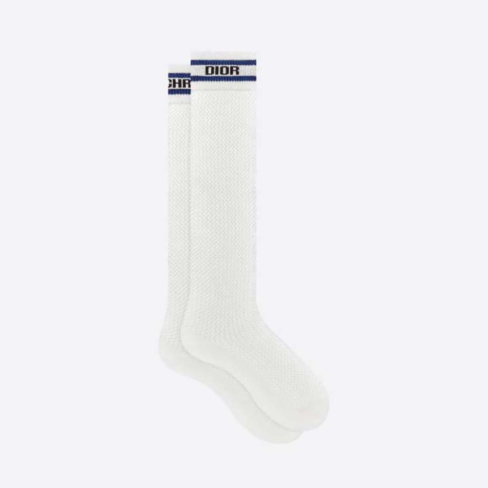 Front view of Dior Women Sporty High Socks White Black and Royal Blue Cotton