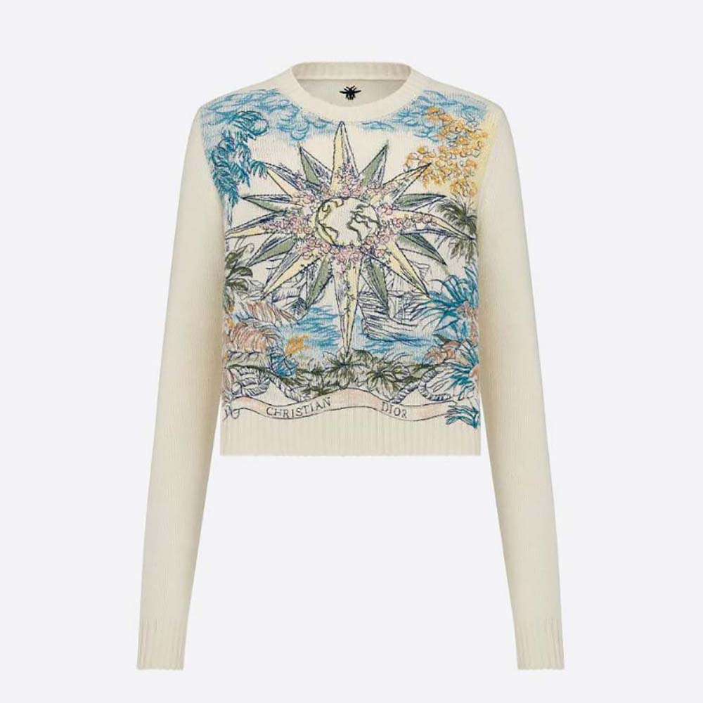 Front view of Dior Women Sweater Ecru Cashmere Knit with motif