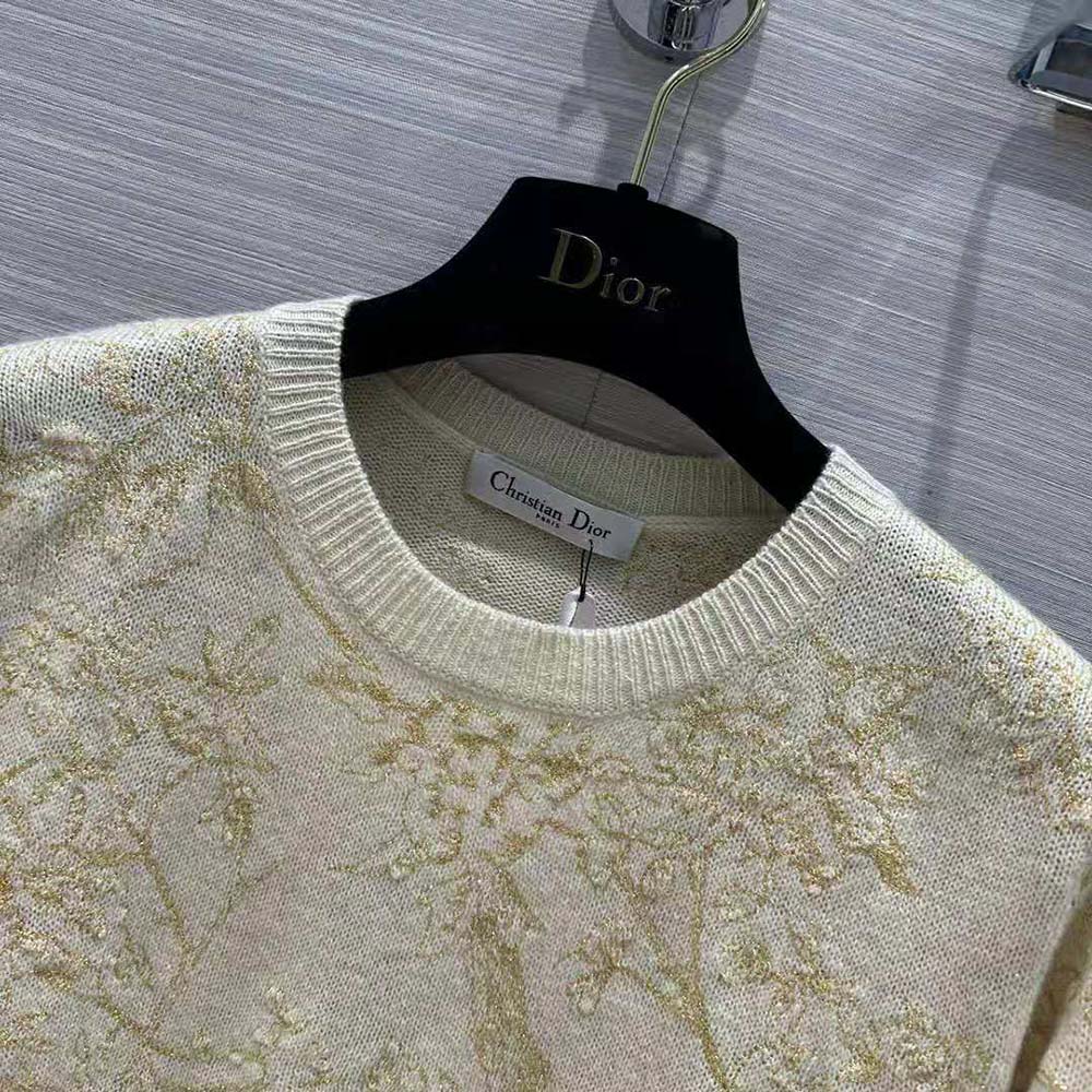 Dior Women Sweater Gold-Tone Technical Cashmere Knit Embroidered with Metallic Thread in a Dior Jardin D’Hiver Motif - image 5