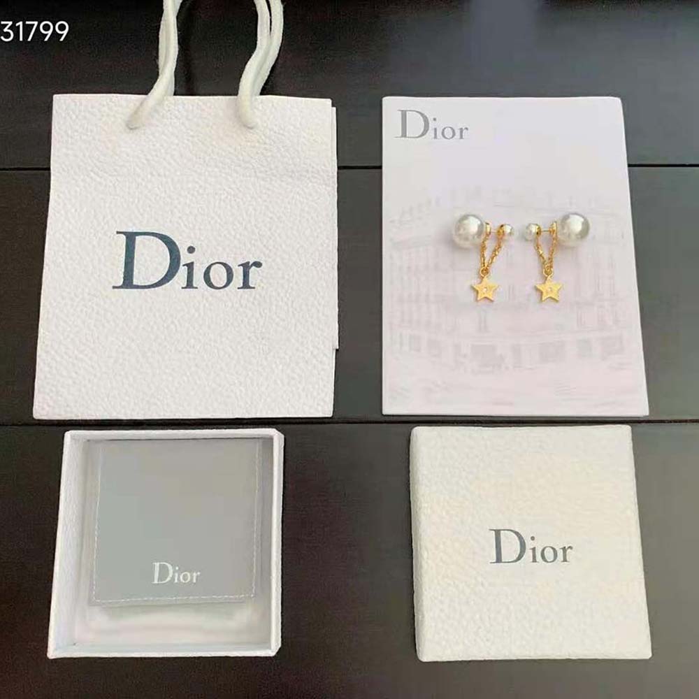 Close-up detail of white resin pearls and crystals on Dior Women Tribales Earrings