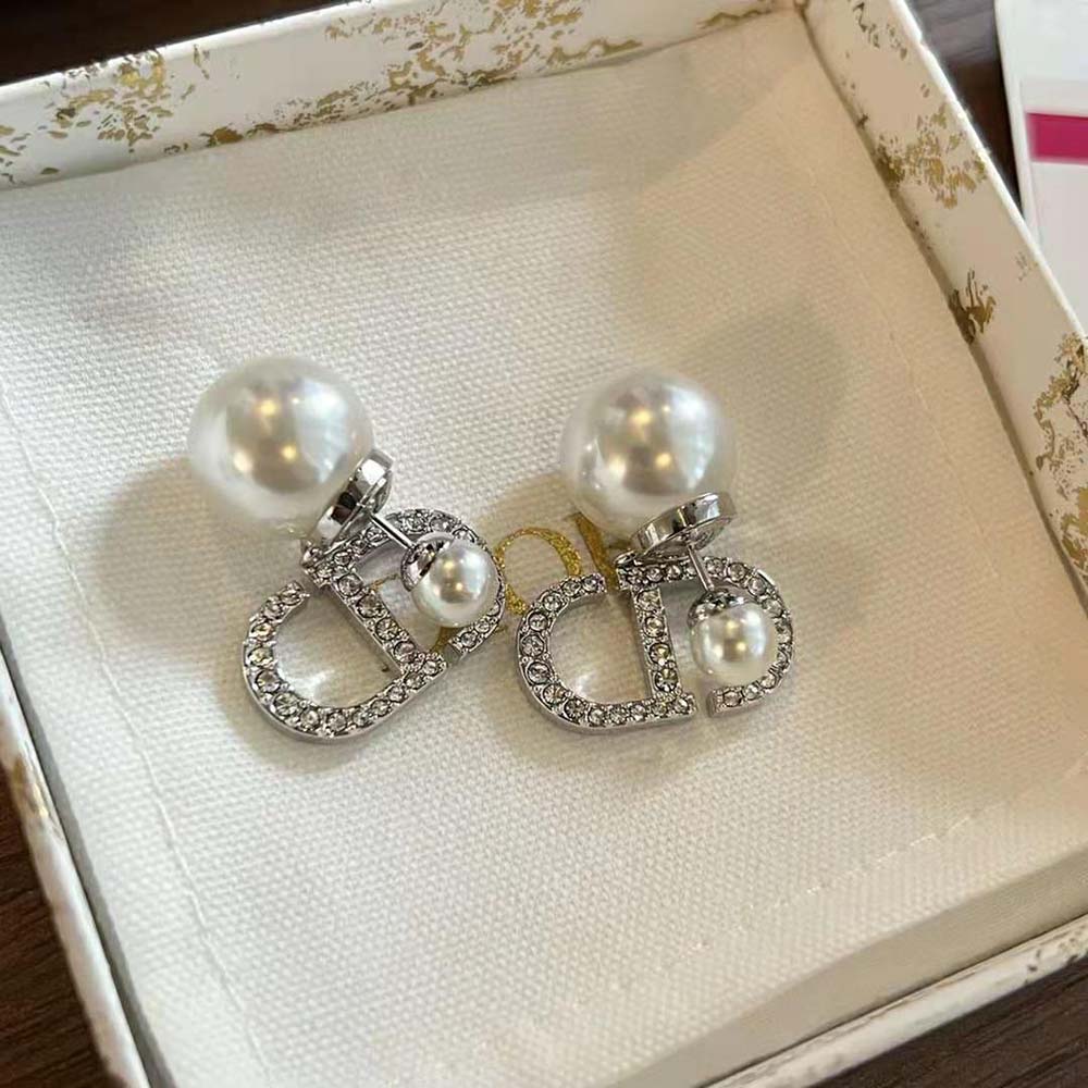Dior Women Tribales Earrings Silver-Finish Metal with White Resin Pearls and Silver-Tone Crystals - image 4