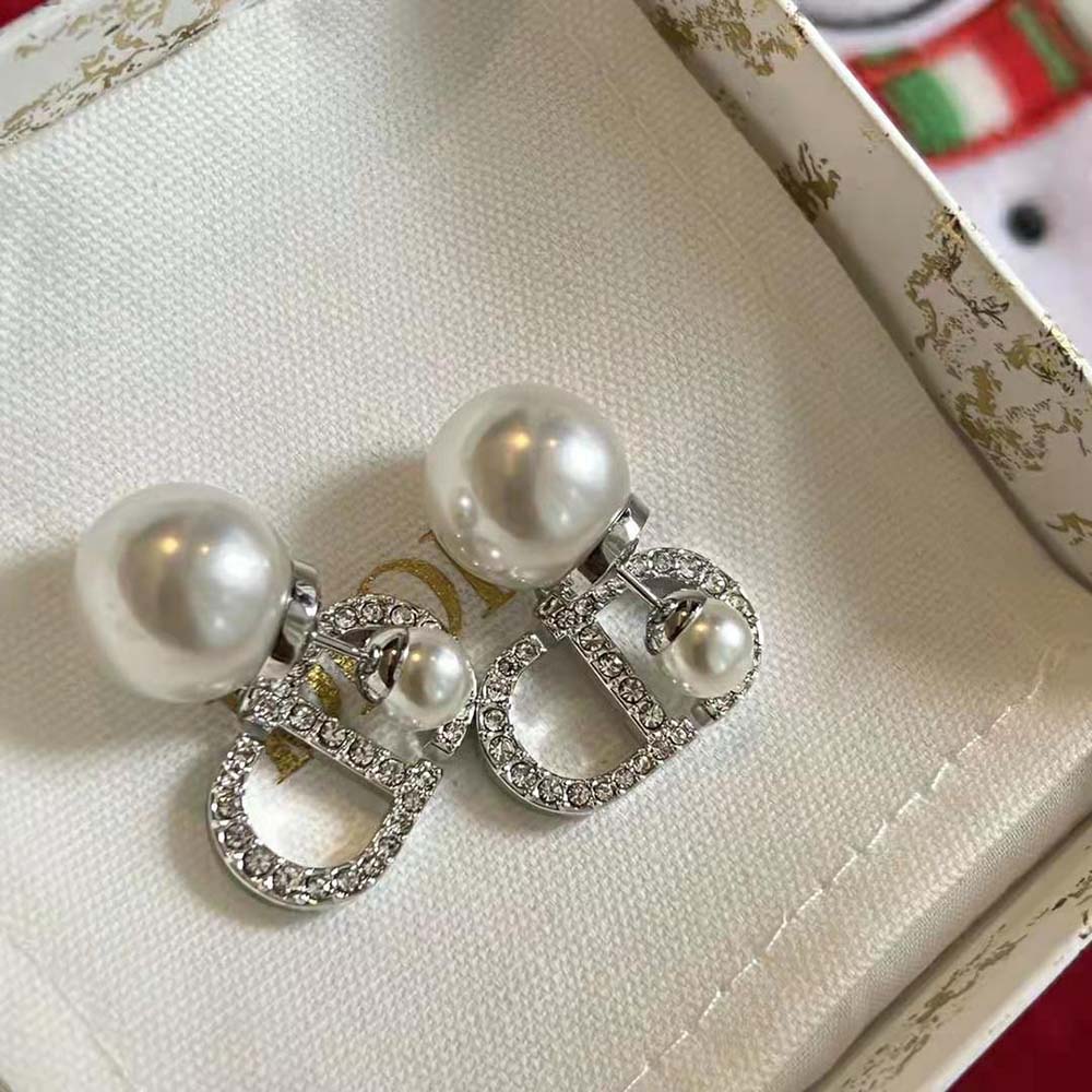 Dior Women Tribales Earrings Silver-Finish Metal with White Resin Pearls and Silver-Tone Crystals - image 8