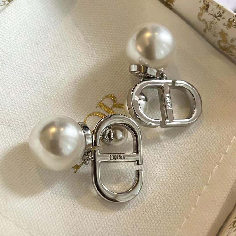 Dior Women Tribales Earrings Silver-Finish Metal with White Resin Pearls and Silver-Tone Crystals - image 7
