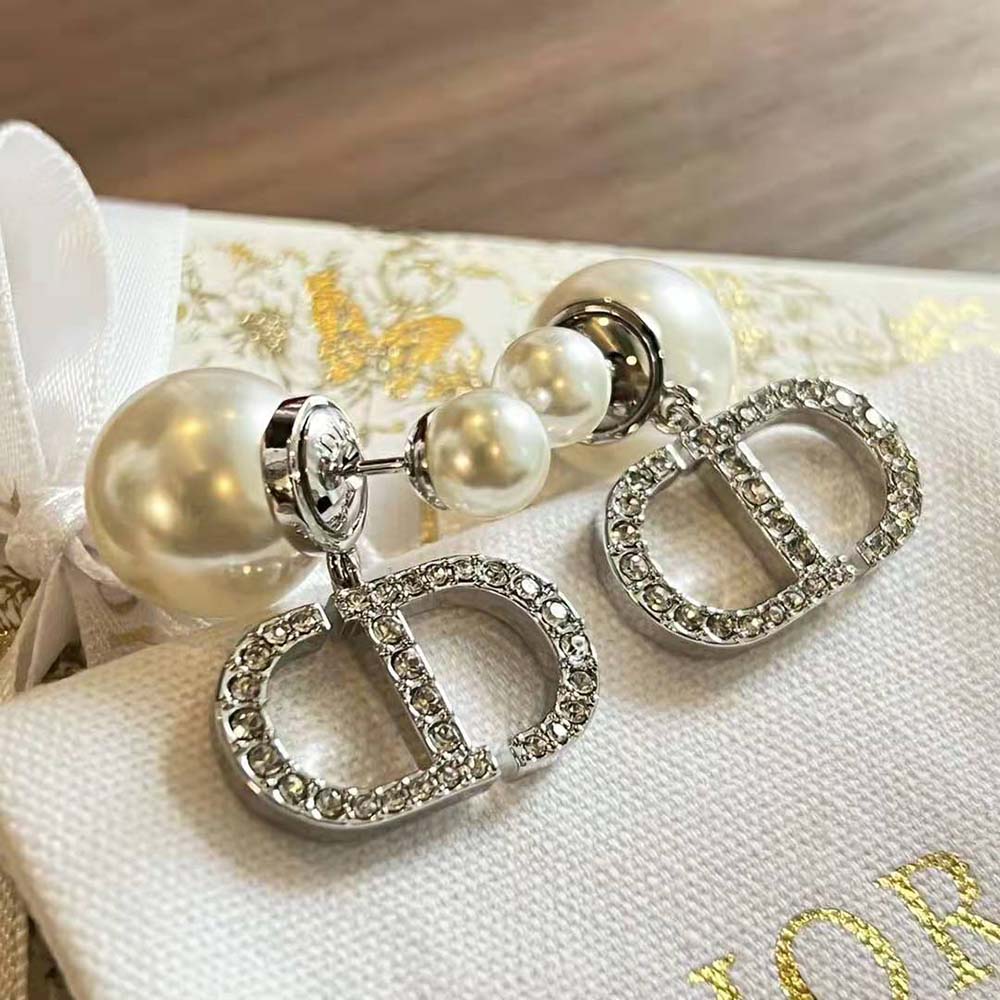 Dior Women Tribales Earrings Silver-Finish Metal with White Resin Pearls and Silver-Tone Crystals - image 6
