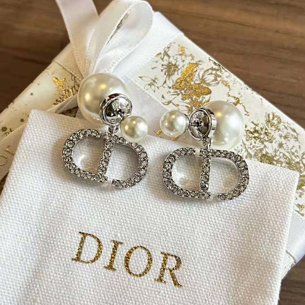 Dior Women Tribales Earrings Silver-Finish Metal with White Resin Pearls and Silver-Tone Crystals - image 5