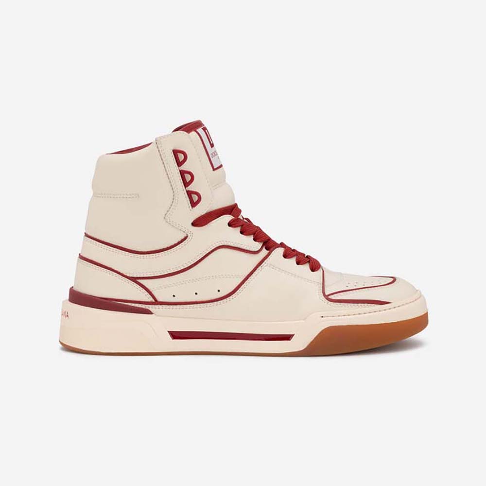 Side view of Dolce Gabbana D&G Unisex Calfskin Nappa New Roma Mid-Top Sneakers-Beige