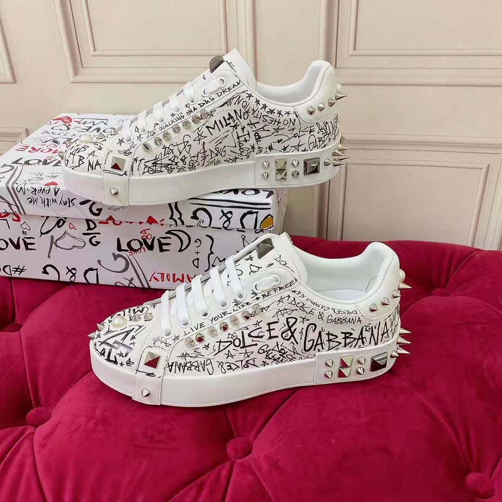 Dolce Gabbana D&G Unisex Calfskin Nappa Portofino Sneakers with Studs-White - image 4