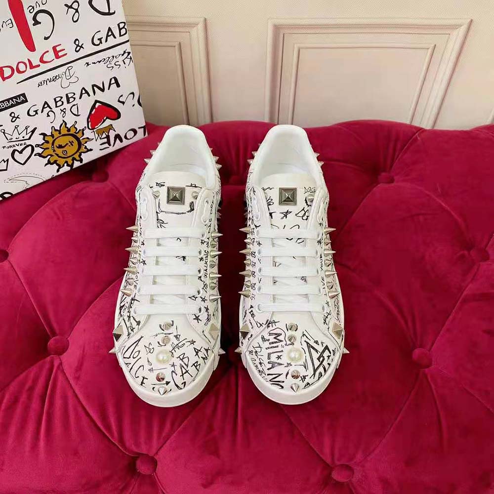 Dolce Gabbana D&G Unisex Calfskin Nappa Portofino Sneakers with Studs-White - image 5