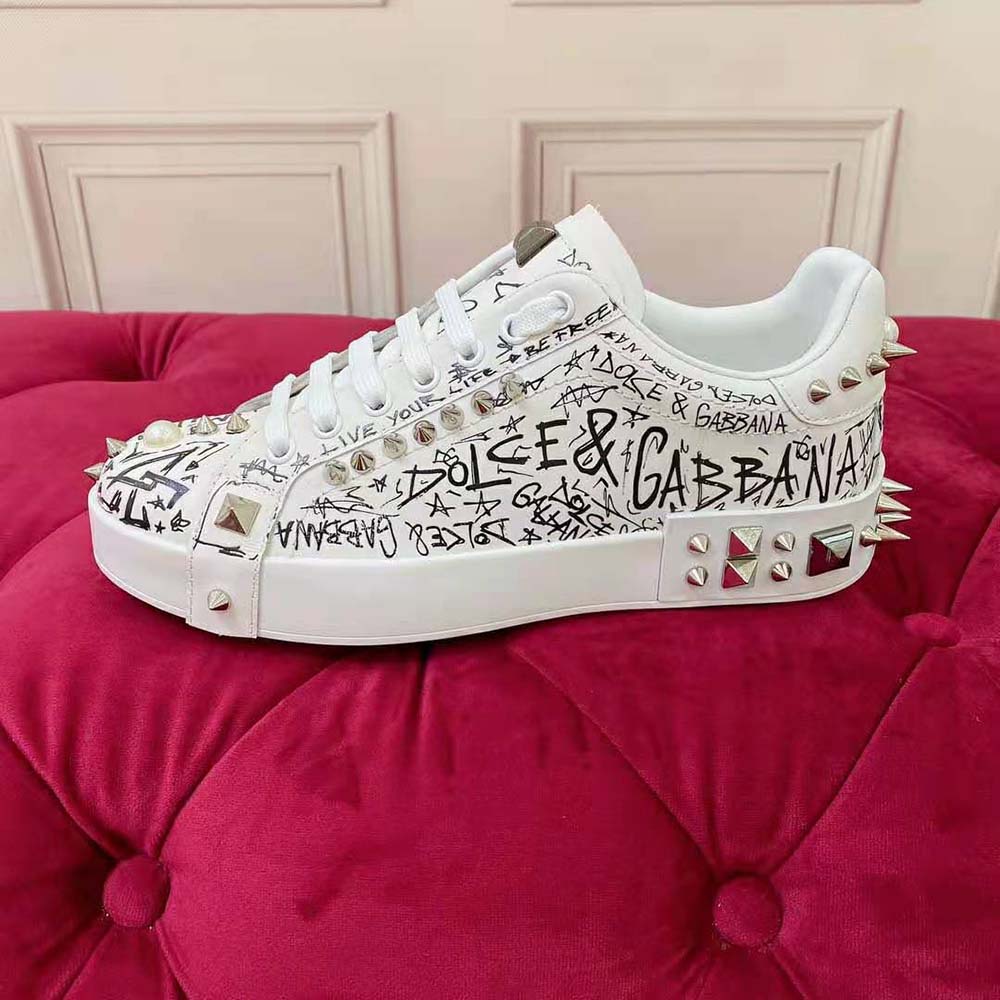 Dolce Gabbana D&G Unisex Calfskin Nappa Portofino Sneakers with Studs-White - image 9